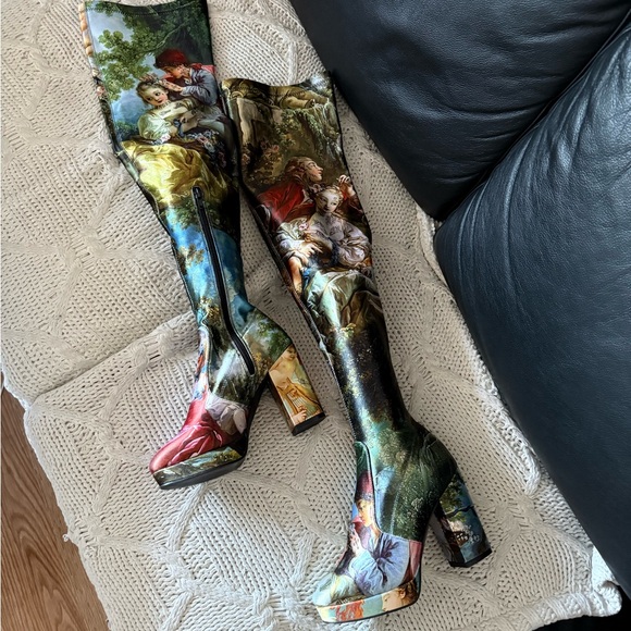 Dolls Kill Shoes - Dolls Kill Multi-Color Classical Print Over-the-Knee Platform Boots